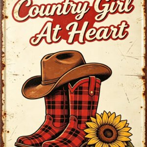 Country Girl At Heart Vintage Boots Sunflower Tin Sign