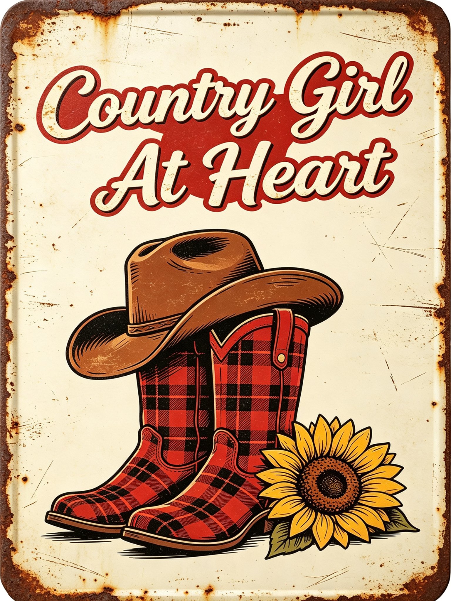Country Girl At Heart Vintage Boots Sunflower Tin Sign