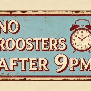 No Roosters After 9PM - Funny Farm Rules Sign